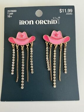 NEW Pink Enamel Cowgirl Hat w/Rhinestone Fringe Strand Pierced Post Earrings